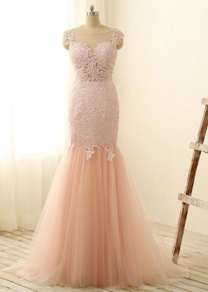 Blush Pink Lace Tulle Sheer Back Mermaid Long Prom Dress 